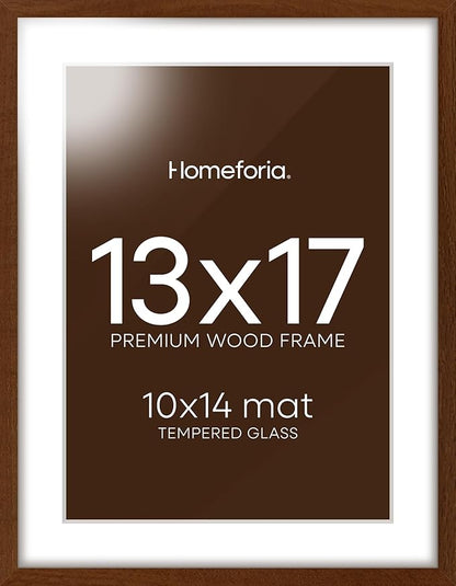 Homeforia 13x17 Picture Frame Brown, High End Dark Oak 13x17 Poster Wood Frame with Mat 10x14 for Photo, 13 x 17 Wooden Walnut Frame Matted to 10 x 14, 17x13 Frames, Tempered Glass, Wall Kit, Set of 1