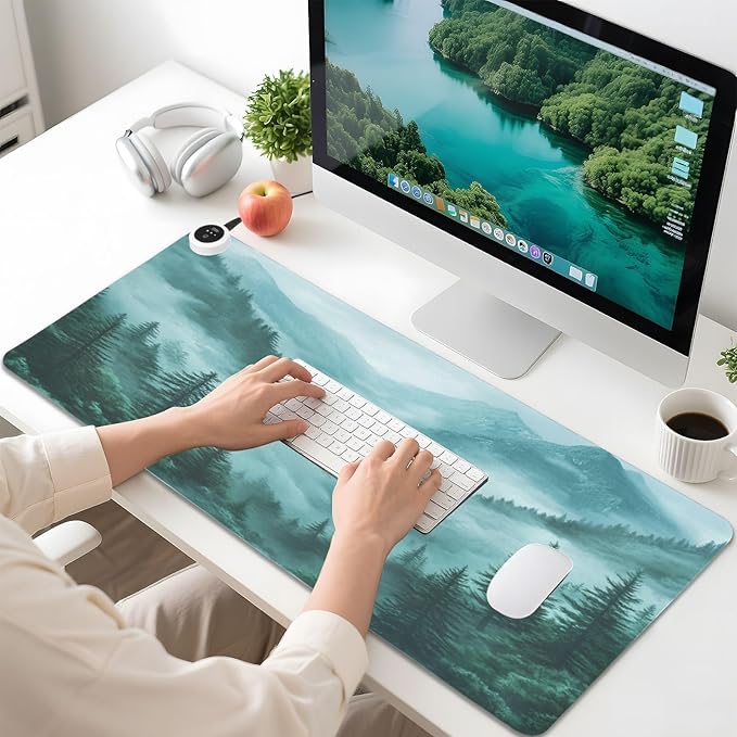 Heated Desk Pad Mouse Pad 31.5x13 Inch PU Leather Desk Mat with 3 Heat Levels Large Mouse Gaming Computer Laptop Mat Foggy Green Mountains and Pine Trees
