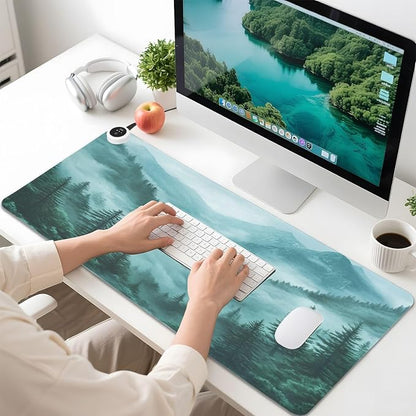 Heated Desk Pad Mouse Pad 31.5x13 Inch PU Leather Desk Mat with 3 Heat Levels Large Mouse Gaming Computer Laptop Mat Foggy Green Mountains and Pine Trees