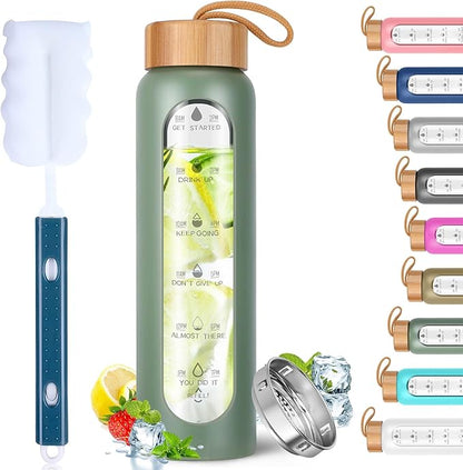 Aqulea Glass Water Bottles 25 Oz with Silicone Sleeve - BPA Free Reusable Wide Mouth Glass Motivational Water Bottles with Fruit Infuser – Leak Proof Borosilicate Water Bottle with Time Marker (Green)