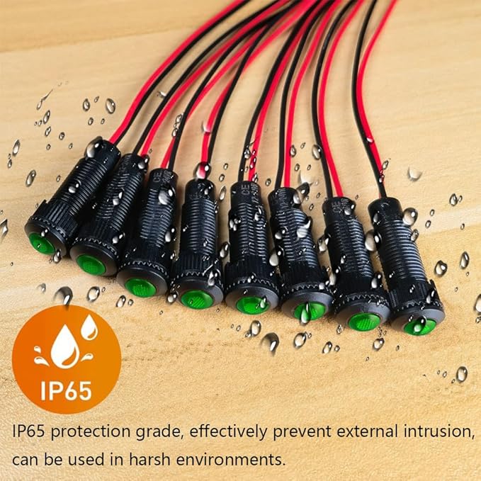 8pcs Green LED Indicator Pilot Light AC/DC 12-24V Mounting Hole Size 8mm(Flame Retardant Plastic Shell)