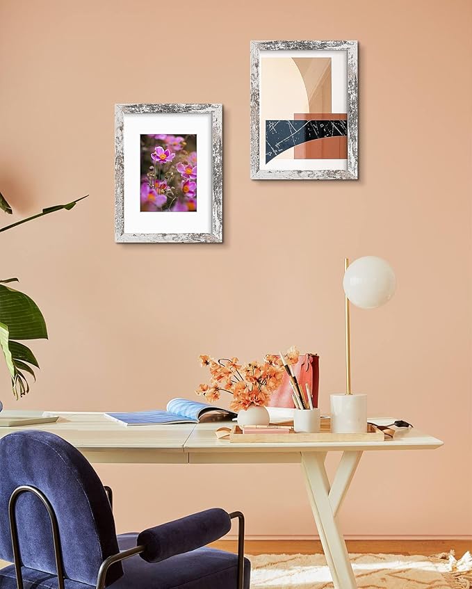 Golden State Art, 9x12 Picture Frame with Mat for 6x8 - High Definition Glass Wall Mounting Horizontal Vertical Display (Weathered White, 2 Pack)