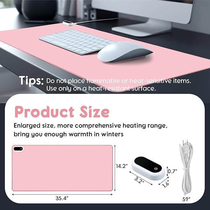 Konohan Heated Large Desk Mat PU Leather Warm Mouse Pad with 5 Heating Level & 4 Hour Auto Shut-Off Heating Keyboard Pad Warmer Gaming Mice Mat Only Supports 110v(Pink Color,35.4"x 14.2")