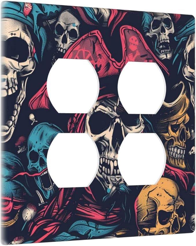 Outlet Covers Pirate Colourful Skeleton Red Hat 2 Gang Double Duplex Decorative Light Switch Covers Electrical Wallplates Socket Faceplate For Farmhouse Cabin Decor
