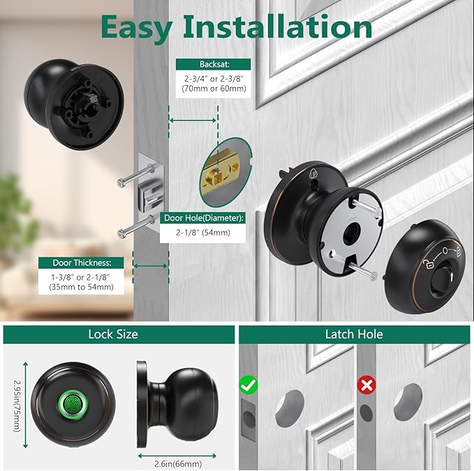 GeekTale Fingerprint Door Lock, Smart Lock with App, Biometric Door Lock, Thumbprint Door Knob, Smart Fingerprint Door Knob for Bedroom, Office, Apartment