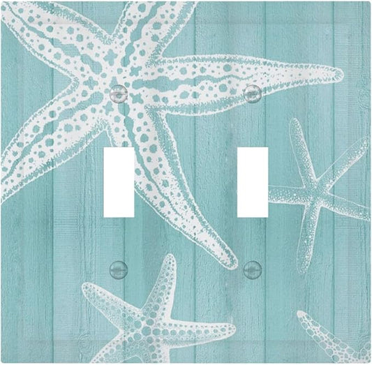 Decorative Light Switch Cover Plate Starfish Teal Wood Board Nautical 2 Gang Outlet Covers Double Toggle Wall Plates for Electrical Outlets Switch Plate Covers Faceplate for Bedroom Home Decor
