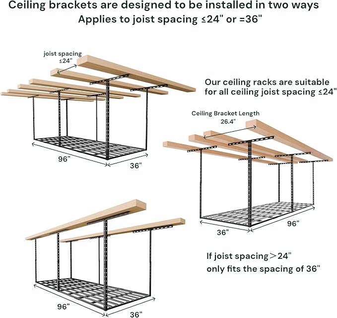 SunsGrove 3x8 Overhead Garage Storage Rack Organization, Adjustable Ceiling Mounted Storage Racks, 800LBS Weight Capacity, 22"-40" Ceiling Dropdown, Hammertone Black