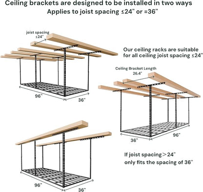 SunsGrove 3x8 Garage Storage Overhead Rack Organization, Adjustable Ceiling Mounted Storage Racks, 800LBS Weight Capacity, 22"-40" Ceiling Dropdown, 2 Pcs, Hammertone Black