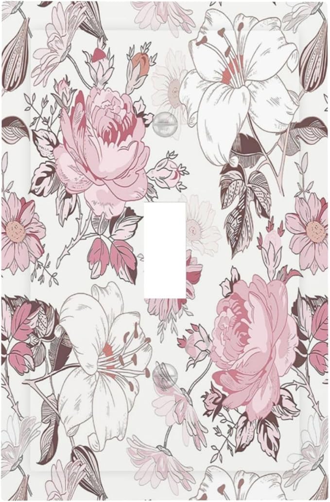 Decorative Light Switch Cover Modern Watercolor Flower Pink White Wildflower 1 Gang Single Toggle Decorator Outlet Wall Plate Device Electrical Faceplate Switchplates for Bedroom Home Decor