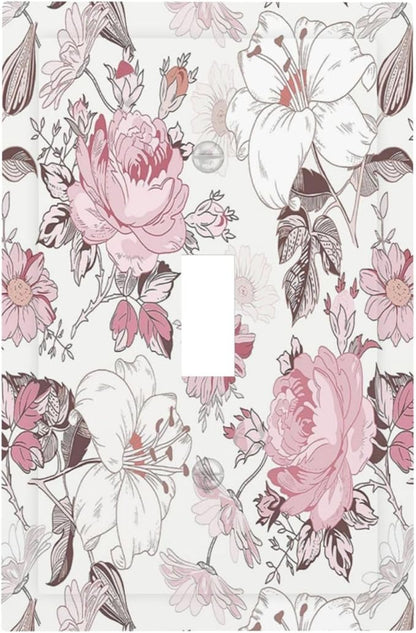 Decorative Light Switch Cover Modern Watercolor Flower Pink White Wildflower 1 Gang Single Toggle Decorator Outlet Wall Plate Device Electrical Faceplate Switchplates for Bedroom Home Decor