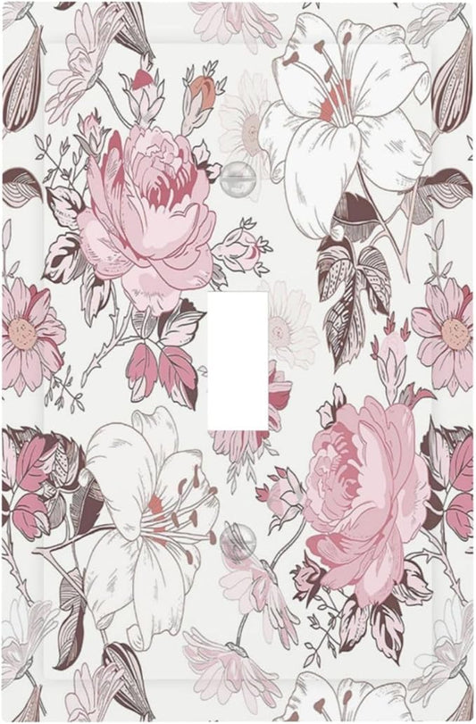 Decorative Light Switch Cover Modern Watercolor Flower Pink White Wildflower 1 Gang Single Toggle Decorator Outlet Wall Plate Device Electrical Faceplate Switchplates for Bedroom Home Decor