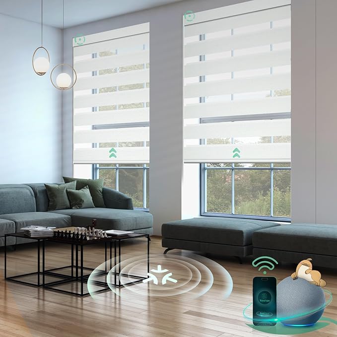 Yoolax Smart Blinds Motorized Matter Zebra Blinds Compatible with Alexa, Google Home, Apple Homekit,Window Shades Blackout Electric Custom Roll Up Indoor Cordless Zebra Shades for Home(Striped Ivory)