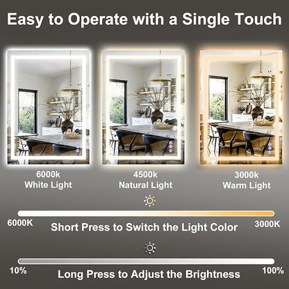 GLSLAND LED Bathroom Mirror - 55"x30" Anti-Fog Lighted Wall Mirrors with Memory Function, Dimmable, Frontlit & Backlit, Horizontally/Vertically, Tempered Glass