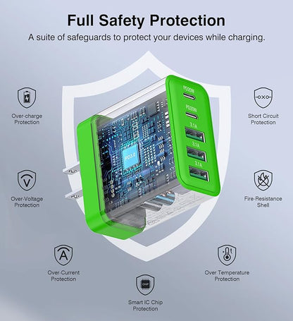 [2-Pack] USB C Wall Charger, 60W Fast USB C Charger Block, 5-Port PD Power Adapter + QC Wall Plug Multiport Type C Charging Block Cube Compatible with iPhone 17 16 15 14 13 12 Pro Max XR XS, Green