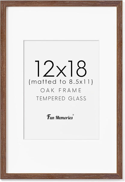 Fun Memories Solid Oak Wood Picture Frame 12"x18" for Wall - Tempered Real Glass, Matted to 8.5x11, Poster Frame (Walnut Color, 1 Pack)