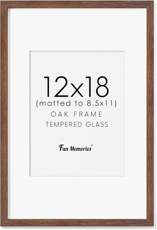 Fun Memories Solid Oak Wood Picture Frame 12"x18" for Wall - Tempered Real Glass, Matted to 8.5x11, Poster Frame (Walnut Color, 1 Pack)