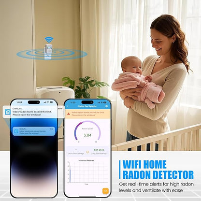 WiFi Home Radon Detector, Portable Radon Meter with Real-Time Short & Long-Term Monitoring, Plug-in Design, Instant Alerts & App Control