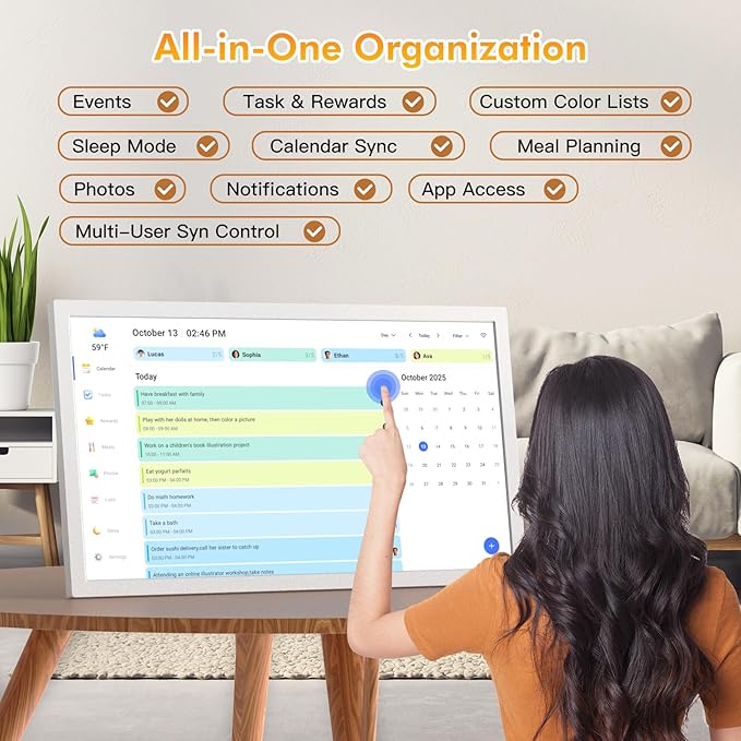 Smart Calendar Digital Frame Chore-Chart-for-Planner - 24 Inch Electronic Calendar for Family Schedules, Touchcreen Interactive Display, Auto-Sync Google/iCloud/Outlook Calendars, Selectable Reminders