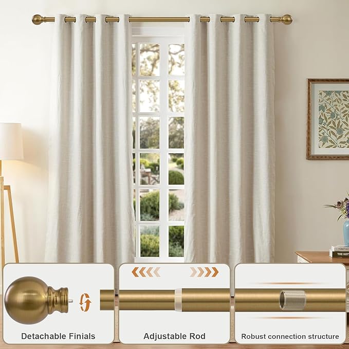 Warm Gold Curtain Rods for Windows 28 to 48 Inch 1" Diameter Adjustable Heavy Duty Brass Window Curtain Rod with Metal Finials for Living Room Bedroom Farmhouse Kitchen Outdoor