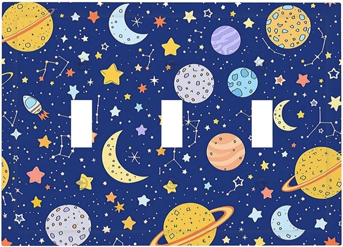 Stars Starry Night Sun Moon Planet Constellations Decorative Switch Plates 3 Gang Wall Plate Triple Toggle Light Switch Cover Electrical Wall Panels Faceplate for Bedroom Bathroom Decor