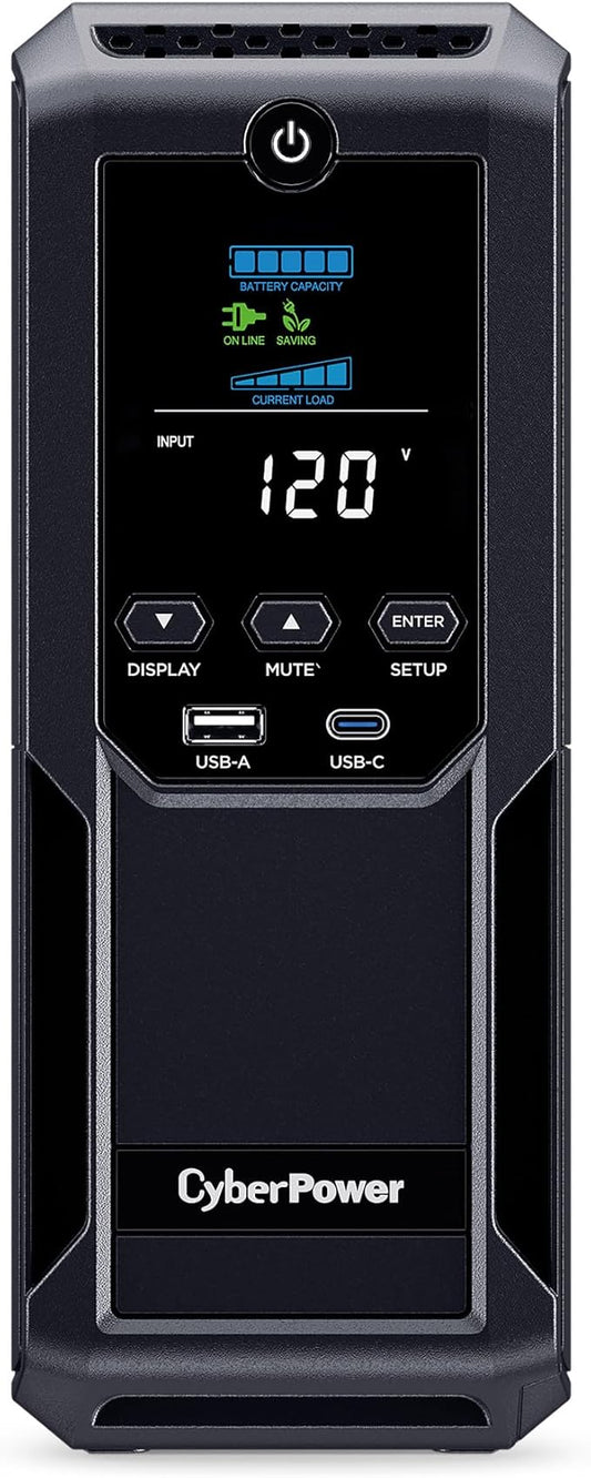 CyberPower CP1350AVRLCD3 Intelligent LCD UPS System, 1350VA/815W, 12 Outlets, 2 USB Ports, AVR, Mini Tower, Black