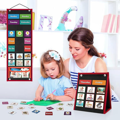 Visual Schedule for Kids Chore Chart，2 in 1 Daily Schedule Board Routine Pocket Chart Cards for Toddlers,Autism Learning Materials Tool Wall Planner for Home School with 103 Cards （Black）