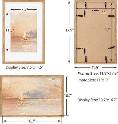 11x17 Picture Frame Set of 3, Solid Oak Wood Photo Frames 11"x17", 11 by 17 Poster Frames for Wall, 11 x 17 Frame with Mat for 8 x 12, Tempered Real Glass, 11x17 Inch Wood Frames (Oak Color, 3 Pack)