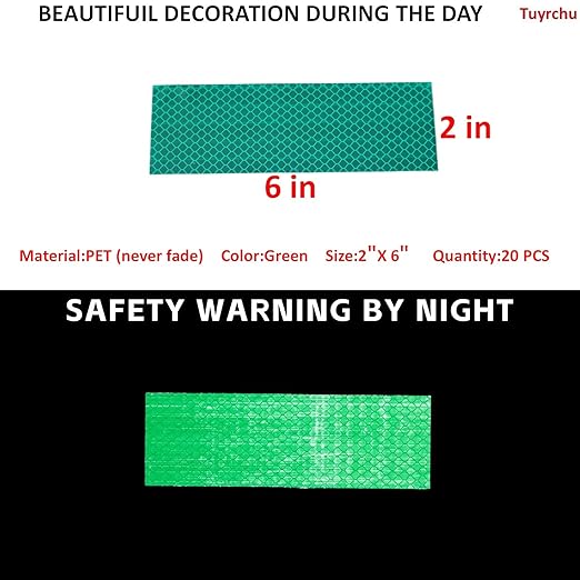 Non Fading Green Reflective Stickers 2 inch X 6 inch, Outdoor Waterproof High Visibility Warning Safety Adhesive Reflector Tape (20 Pcs)