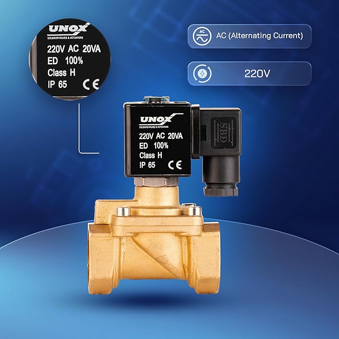 UNOX 1 inch NPT Solenoid Valve 220V AC, Brass Control Valve Normally Closed - 7-232 PSI Multi-Purpose Reliable Control Valve for Water, Air, and Gas - Solenoid Valves