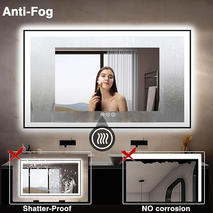 55x36 LED Bathroom Mirrors for Wall -Black Aluminum Trim (Front and Backlit), Anti-Fog Light Up Mirror,Stepless Dimmable Lighted Mirror,3 Colors Smart Mirror(Horizontal/Vertical)