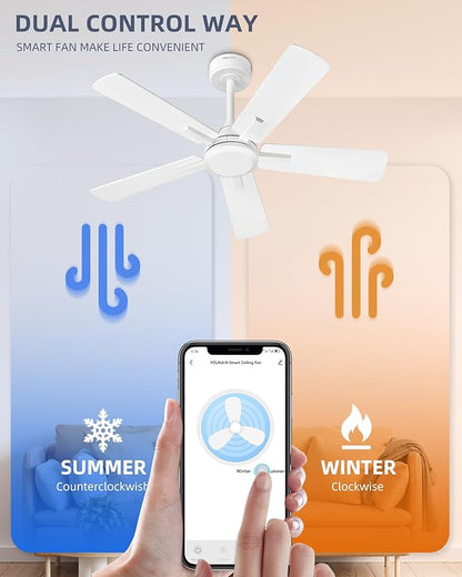 YOUKAIN Smart Ceiling Fan - 42 Inch White Ceiling Fan No Light, Voice & Remote Control, Reversible Blades, Living Room, Bedroom, 42-YJ812-WH-NL