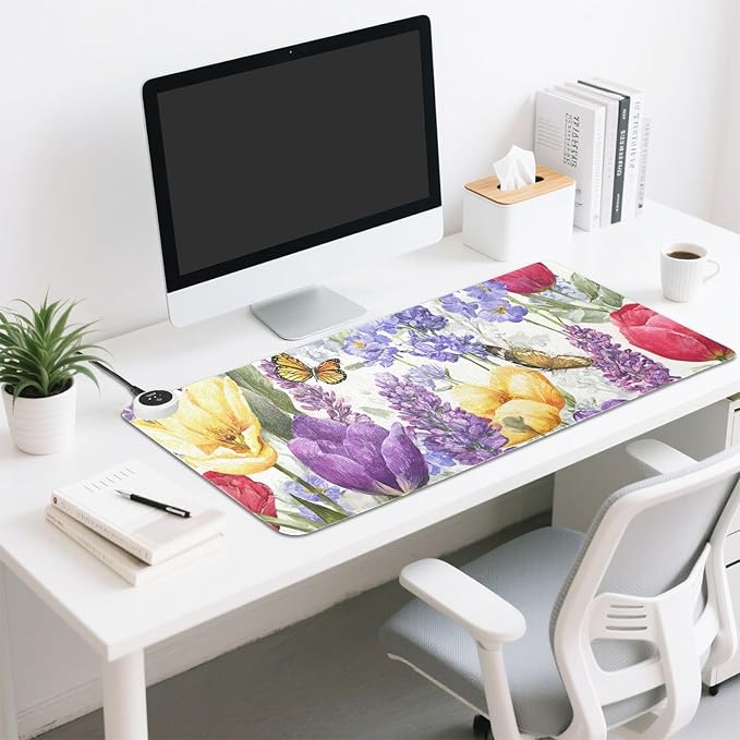 Heated Desk Pad Mouse Pad 31.5x13 Inch PU Leather Desk Mat with 3 Heat Levels Large Mouse Gaming Computer Laptop Mat Tulips Lavenders Purple Butterfly