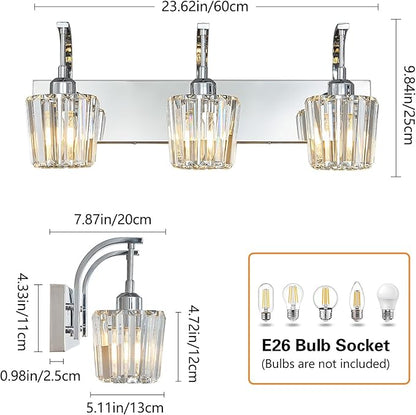 Modern Bathroom Vanity Light, 3-Light Chrome Wall Sconce with Crystal Accents, Over Mirror Bathroom Lighting Fixture, 23.62" Long Dimmable Vanity Lamp for Makeup, Easy Installation