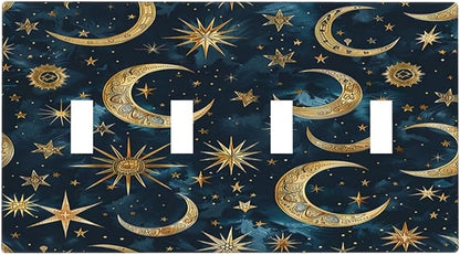 Light Switch Covers Modern Abstract Sky Blue Gold Moon Sun Star Quad Toggle Electrical Faceplate 4 Gang Wall Plate Decorative Switch Plates for Bedroom Kids room Decor