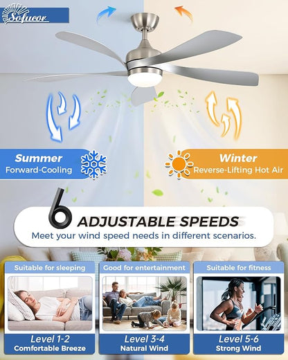 Sofucor 52 Inch Ceiling Fans with Lights and Remote, Outdoor Ceiling Fan with Light 6-Speed 3 CCT 3-Timer, Modern Low Profile Ceiling Fan 5 Blade Reversible DC Motor for Living Room Bedroom Patio