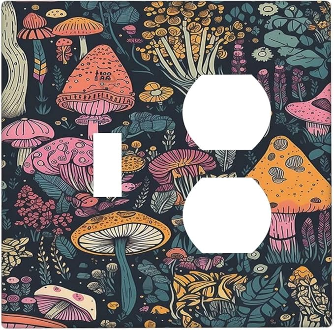 Decorative Outlet Covers Cartoon Comics Colorful Mushrooms 2 Gang Wall Plate Cover Single Toggle Duplex Combo Two Switch Light Switch Cover Plate Jumbo Dual GFCI Faceplate