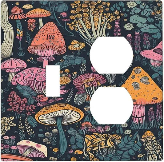 Decorative Outlet Covers Cartoon Comics Colorful Mushrooms 2 Gang Wall Plate Cover Single Toggle Duplex Combo Two Switch Light Switch Cover Plate Jumbo Dual GFCI Faceplate