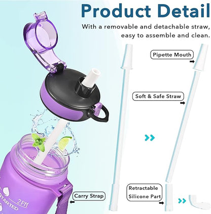 Enerbone Water Bottle, Leakproof BPA & Toxic Free, Motivational Water Bottle with Times to Drink and Straw, Fitness Sports Water Bottle with Strap for Office, Gym, Outdoor Sports