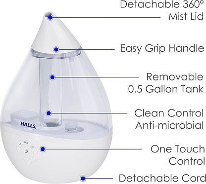 Crane x HALLS Droplet Ultrasonic Small Air Humidifiers for Bedroom and Office, 0.5 Gallon Cool Mist Humidifier for Plants and Home, Humidifier Filters Optional