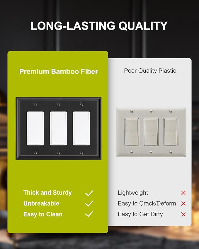 2-Pack Triple Decorator Outlet Cover Plate, Black Decorative Switch Plates and Outlet Covers, Natural Bamboo Fiber Wall Plates for Electrical Outlets, Receptacle, GFCI Outlet, Dimmer Switch