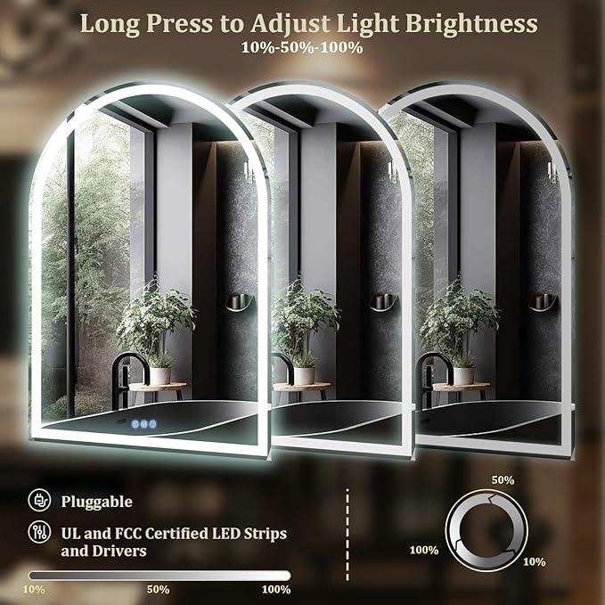 BEAUTYPEAK 48x30 LED Arch Bathroom Mirror with Lights, Anti-Fog, Dimmable, Backlit + Front Lit, Lighted Bathroom Vanity Mirror for Wall, 3 Colors, Memory Function, Tempered Glass, Shatter-Proof
