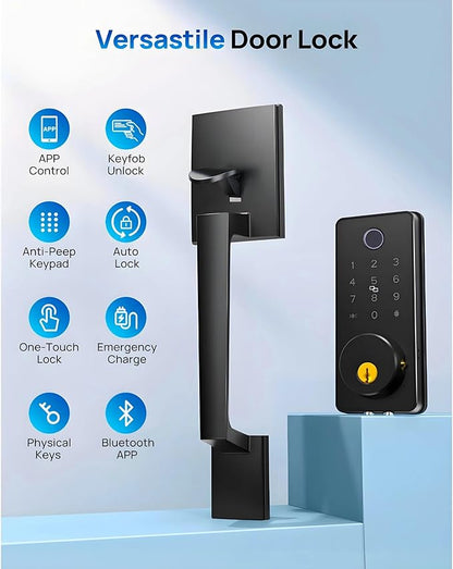 WiFi Smart Keyless Entry Door Lock Set w/Front Door Handle, 0.1s Fingerprint Biometric Unlock, Auto Lock, APP Remote/Passcodes/Cards Control, Keypad Deadbolt, Easy Install for Entry Bedroom
