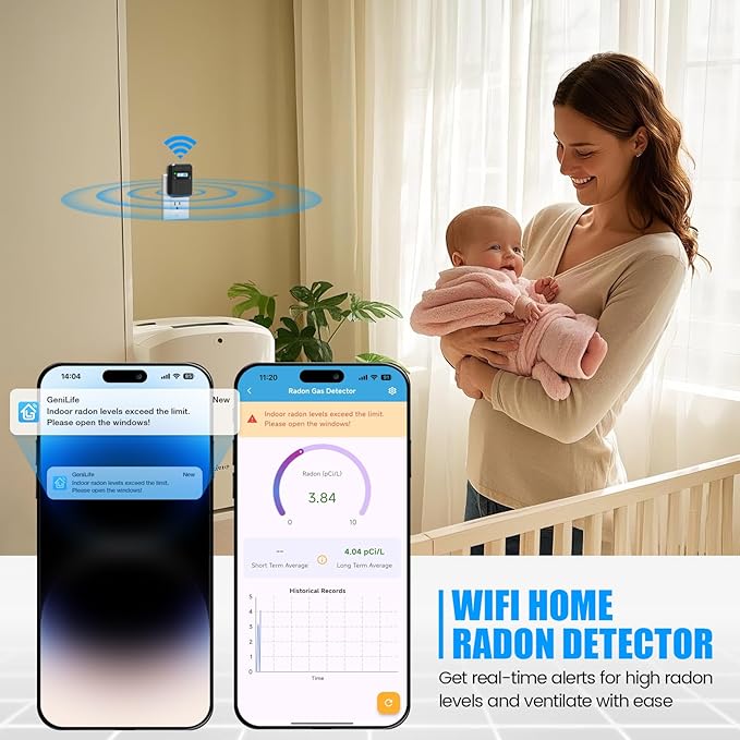 WiFi Home Radon Detector, Portable Radon Meter with Real-Time Short & Long-Term Monitoring, Plug-in Design, Instant Alerts & App Control, 2.4 & 5GHz Dual-Band WiFi Compatible