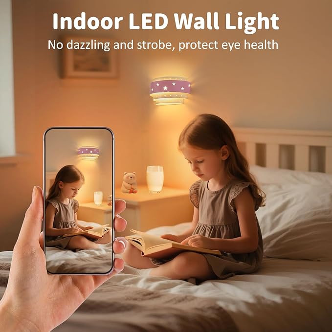 Lightess Pink Wall Sconce Battery Operated for Girls Room, LED Dimmable Wall Light Star, Cordless Wall Lamp for Children Bedroom Decor