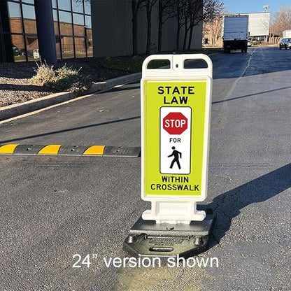 Plasticade Crosscade Crosswalk Sign, 36" Vertical Panel with 12x36 State Law Stop For Pedestrians Sign, Impact-Resistant Rubber Base, Diamond Grade Reflective Background and HIP Sheeting
