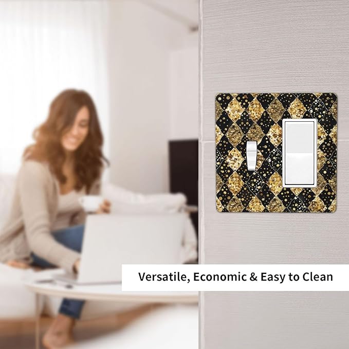 Gold Black Marble Geometric Plaid Glitter Outlet Covers 1 Toggle 1 Rocker Combination Light Switch Cover Plate Decorative Wall Plate Electrical Switch Plates for Bedroom Bathroom Decor