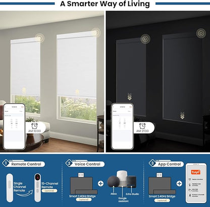 No Drill Motorized Blinds with Remote, Blackout Automatic Blinds with Solar Panel, Cordless Smart Electric Roller Shades for Windows, White, 26 x 72