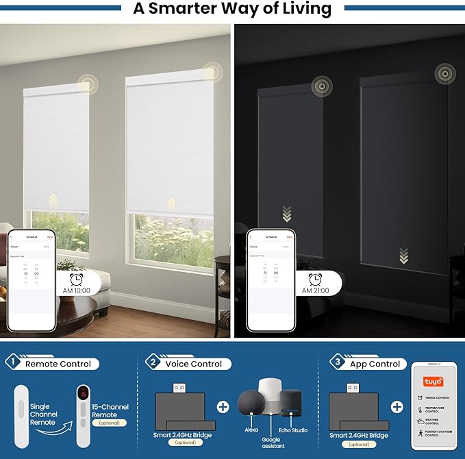 No Drill Motorized Blinds with Remote, Blackout Automatic Blinds with Solar Panel, Cordless Smart Electric Roller Shades for Windows, White, 44 x 72
