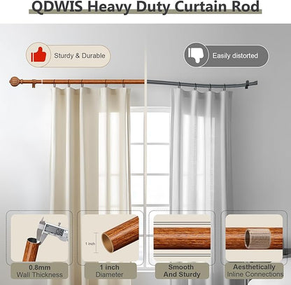 Reddish-Brown Wood Curtain Rods for Windows 66 to 120 Inch, 1'' Adjustable Heavy Duty Curtain Rod，Vintage Imitation Wood Decorative Drapery Rods with Pumpkin Finials for Bedroom Living Room