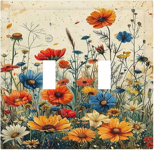 Decorative Switch Plate Covers Colorful Flowers Wildflowers Plants Orange Yellow Blue 2 Gang Double Toggle Light Switch Cover Plate Electrical Wall Plate Outlet Cover for Home Farmhouse